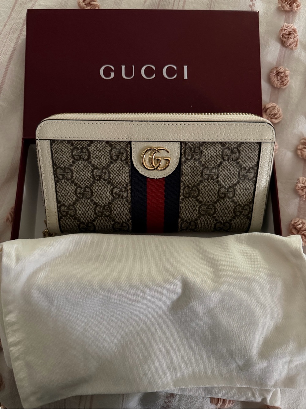 Authentic Gucci Beige GG Supreme Wallet with Red & Navy Web Stripe